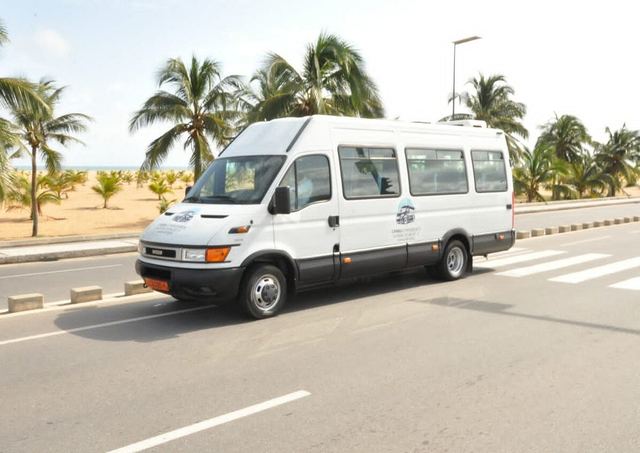 White minibus on a palm-lined road